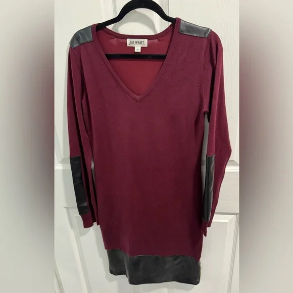 Say What? | Dresses | Nwot Say What Fauxleather Trim Sweater Dress Size L  Color Maroon Gold Zipper | Poshmark